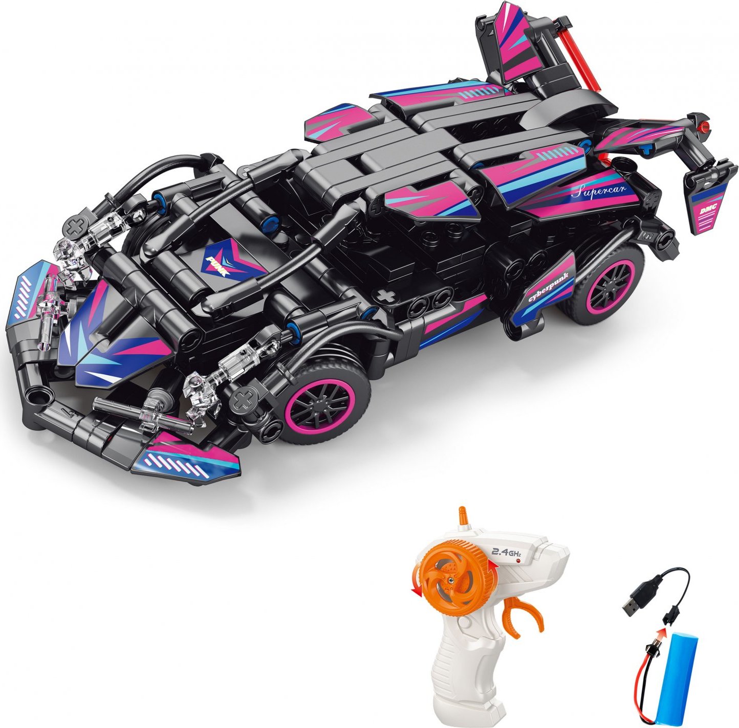 Wiky RC Stavebnice Auto růžové RC na dálkové ovládání 19 cm 323 dílků