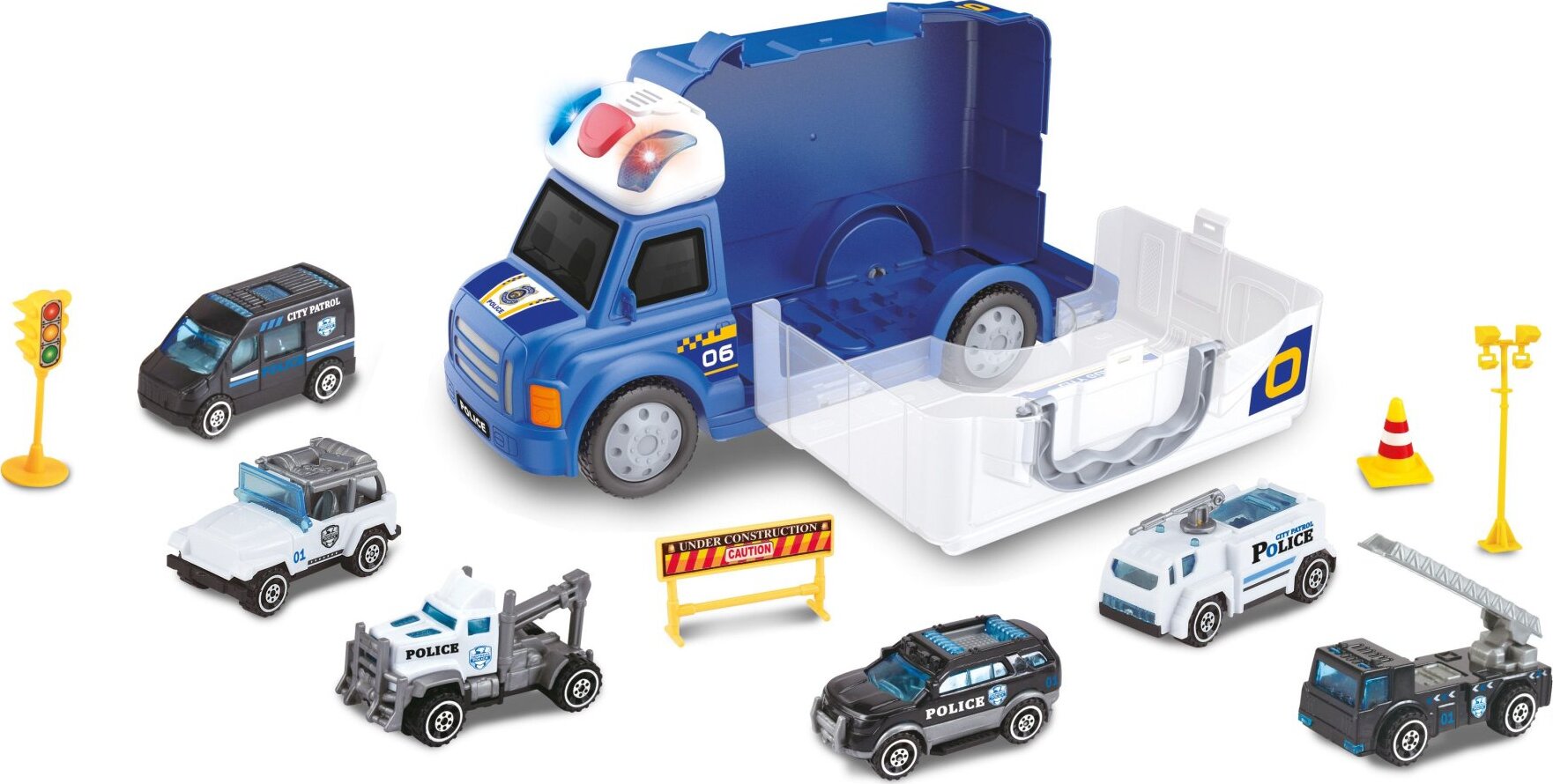 Wiky Vehicles Auto policejní s efekty a 6 malými auty 34 cm